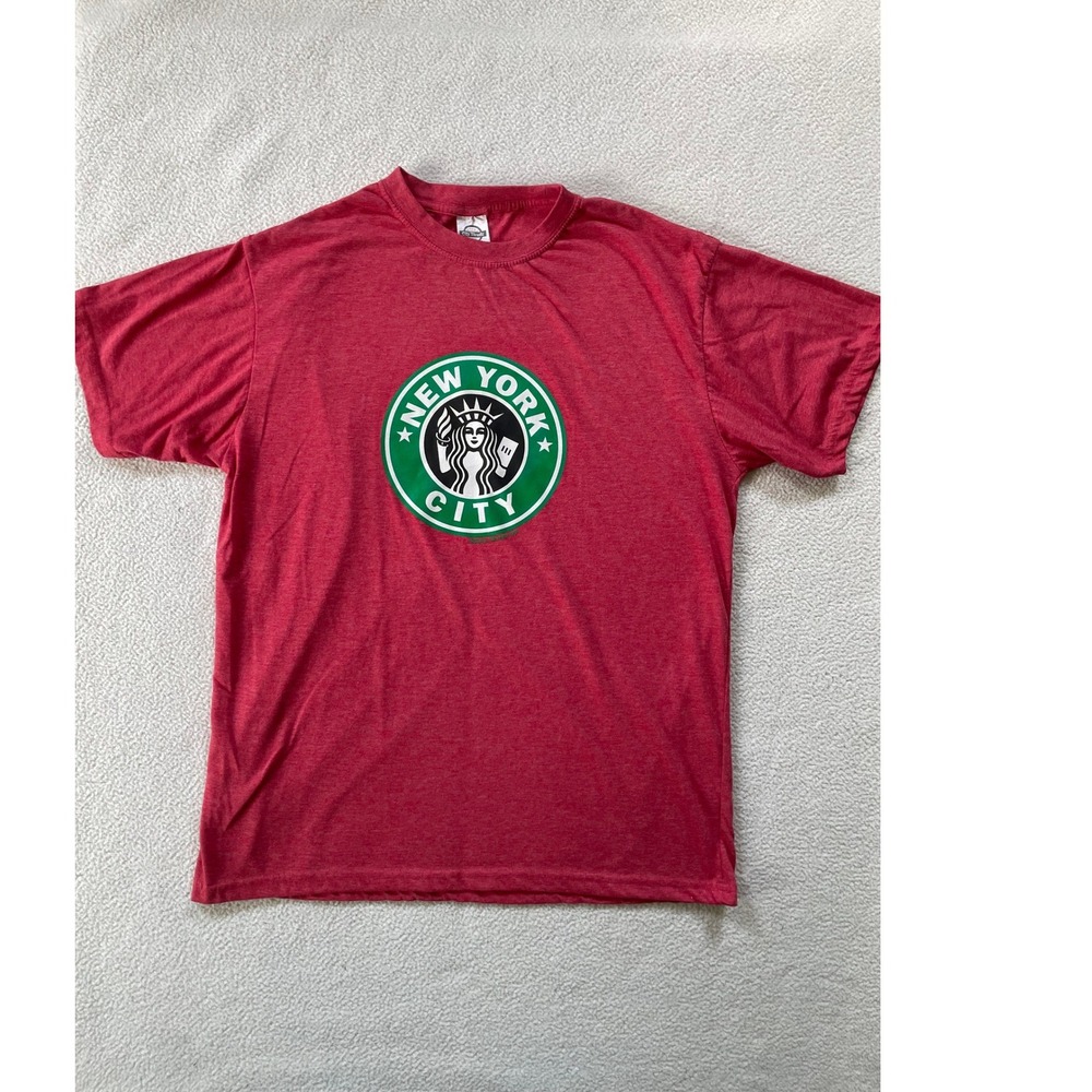 City Thredz Mens Large T-Shirt Red New York City Starbucks Parody Graphic Tee